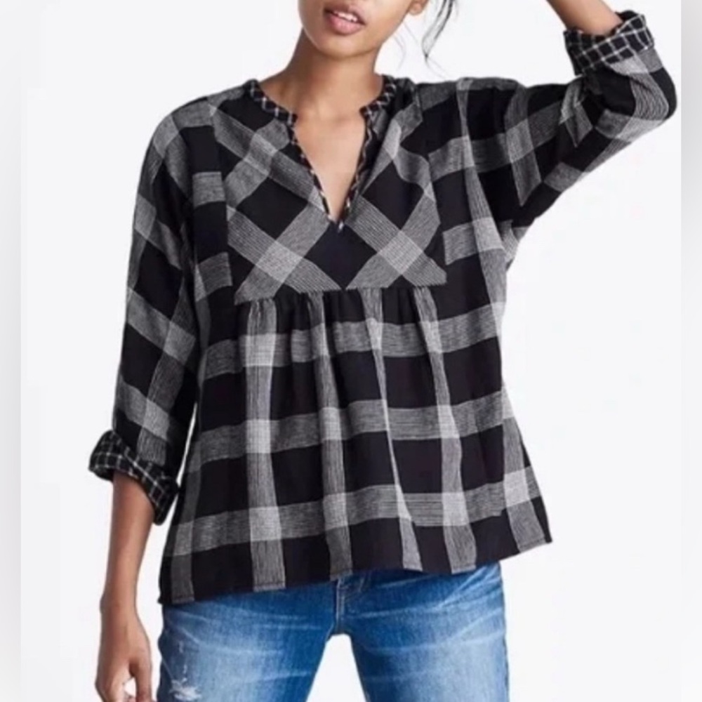 Madewell Bohème Popover Flannel Hayden Plaid Top Black Peasant